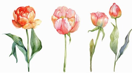 Watercolor illustration of tulips, peonies, rose flowers and leaves. Natural objects isolated on white background.