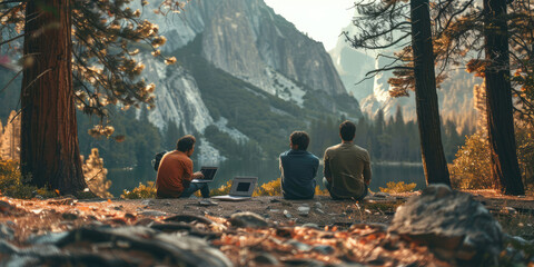 A group of friends sitting and talking on a lake shore in the mountain during Autumn