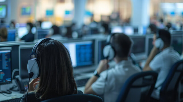 Call center blurred background. Customer support agents taking calls.
