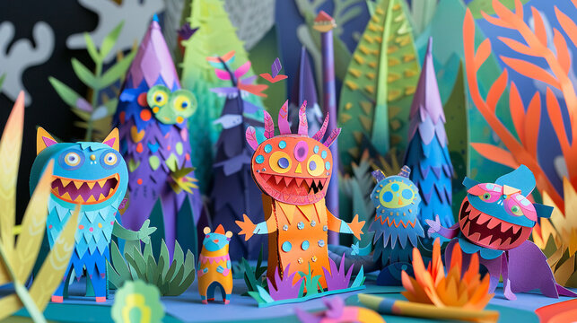 Kid's craft of paper forest, fantasy creatures in bright colors, cheerful scene, detailed and textured, lively atmosphere