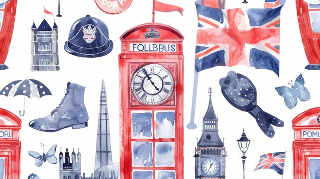This is a watercolor London pattern with hand-drawn elements: a red phone booth, a Big Ben clock, a flag of Great Britain, a policeman's helmet, a polka dot bow tie, and a red bus.