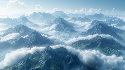   An aerial shot of majestic mountains shrouded in clouds against a stunning backdrop of azure sky