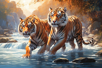 A tiger in sunlight-filled water - obrazy, fototapety, plakaty