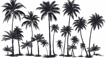 Exotic botanical clip art of tropical vintage coconut palm trees.