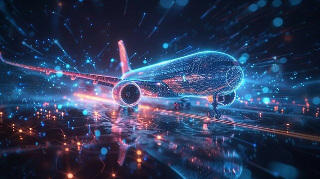 smart digital airplane , artificial intelligence in aviation technology. flight navigation, safety protocols, and fuel efficiency. air travel.

