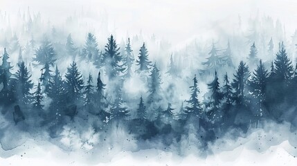 A watercolor background depicting a foggy forest, a winter hill, wild nature, the taiga.