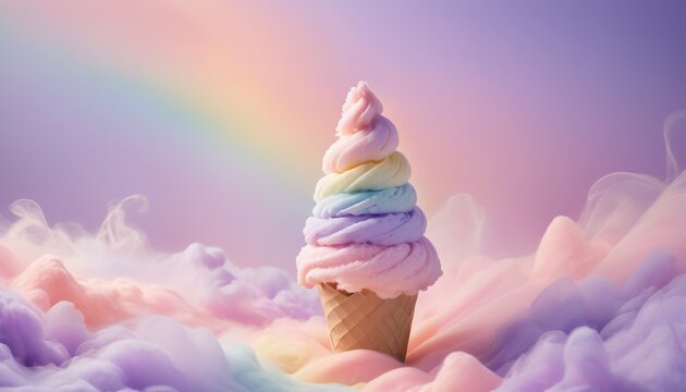 A whimsical ice cream cone with pastel rainbow swirls against a soft, dreamy cloud background, depicting a fantasy dessert scene.