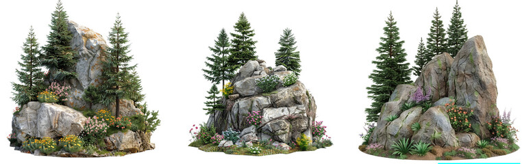 Cutout rock surrounded by fir trees and flowers - obrazy, fototapety, plakaty