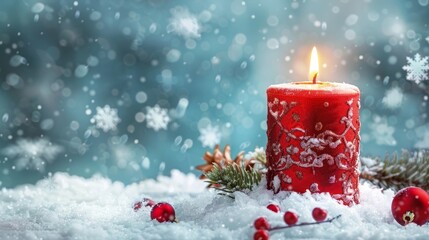 A red Christmas candle burning among snowy Christmas decorations.