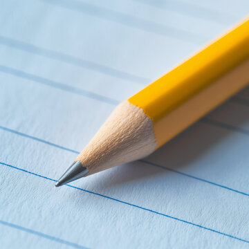Close-up of a paper text box with a sharpened classic pencil