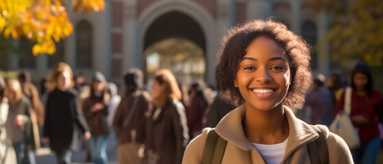 African American woman student with a smile, amidst a crowd on college grounds, - obrazy, fototapety, plakaty