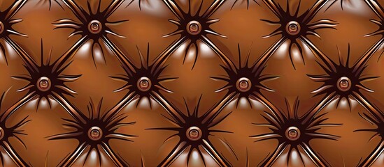 A closeup of a light brown leather couch with button tufting, showcasing the symmetry and pattern of the natural material Its like a piece of art in a room with a wooden ceiling