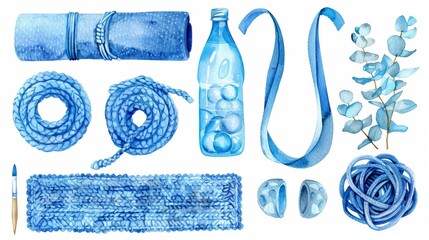 The clip art shows a blue sports topic, a yoga mat, a metal water bottle, and blue crochets for a comfortable workout at home. - obrazy, fototapety, plakaty
