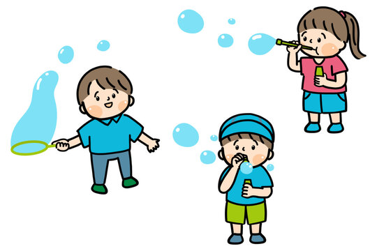 シャボン玉で遊ぶ3人の子どもたちのイラスト