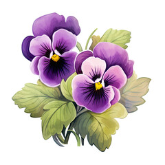 AI-generated watercolor purple Pansy flowers with leaves clip art illustration. Isolated elements on a white background.