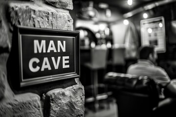 Man cave, black and white photo of a "MAN CAVE" sign on brick wall with a man hanging out in the background.