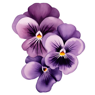  AI-generated watercolor purple Pansy flowers clip art illustration. Isolated elements on a white background.