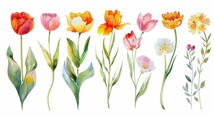 A watercolor illustration of tulips, peonies, roses, marigolds, leaves and flowers. Natural objects isolated on white background.