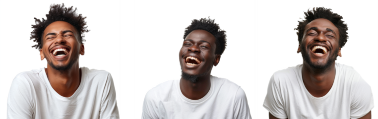 Handsome unshaven young dark-skinned male laughing out loud at funny meme he found on internet,