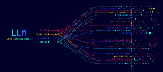 Illustration of abstract stream. Artificial intelligence. Big data, technology, AI, data transfer, data flow, large language model, generative AI, LLM, NLP. NLG © Krot_Studio