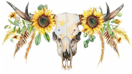 A watercolor bull skull head surrounded by sunflowers, leaves, branches, fern leaves, succulent plants. A perfect wedding invitation, template card, wall paper, pattern, wall decor and boho design.