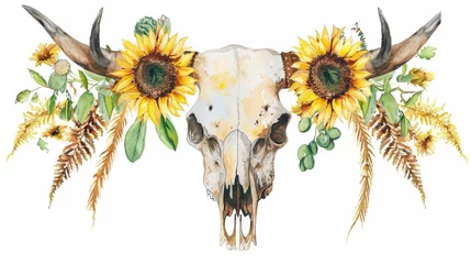 Papier Peint photo autocollant Crâne aquarelle A watercolor bull skull head surrounded by sunflowers, leaves, branches, fern leaves, succulent plants. A perfect wedding invitation, template card, wall paper, pattern, wall decor and boho design.