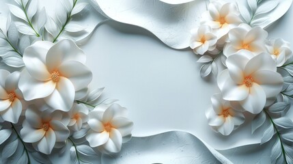 Naklejka na ściany i meble White Floral Backdrop with Flowing Curves White and Yellow Flowers and Soft Texture