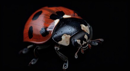 Studio portrait of a ladybug beetle in red close-up, macrophoto, on a black background, lamp spotlight - obrazy, fototapety, plakaty