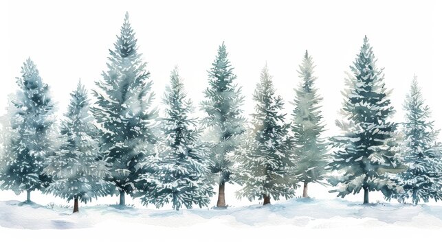 Coniferous forest illustration in watercolor, Christmas fir trees, winter nature, holiday background, conifer, snow, snowy rural landscape