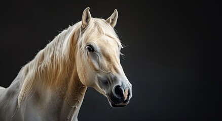Obraz na płótnie Canvas Studio portrait of a white horse of the Haflinger breed of a young steed on a black background, lamp lighting of a spotlight