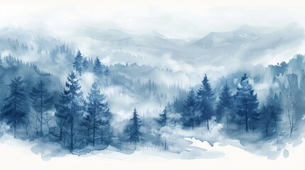 Watercolor background drawn landscape of foggy forest and taiga. Wild, misty, and wild nature.