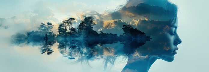 A conceptual double exposure of an island and the profile of a woman's head with trees - obrazy, fototapety, plakaty