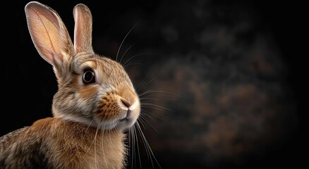 Fototapeta premium Cute studio portrait of bunny rabbit on a black background, spotlight lamp