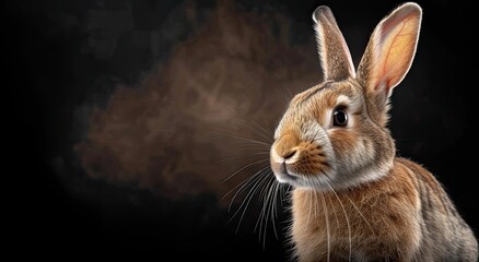 Obraz premium Cute studio portrait of bunny rabbit on a black background, spotlight lamp
