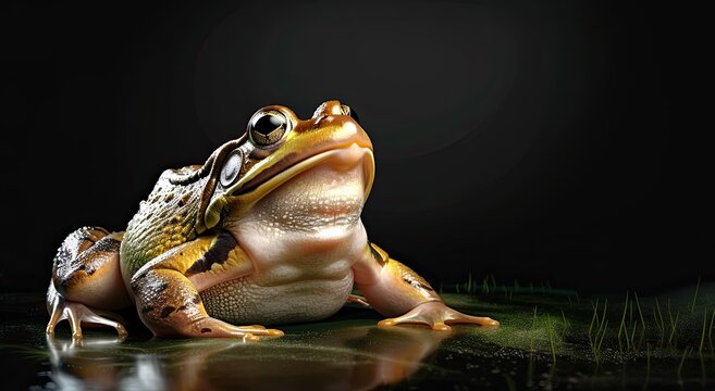 Studio portrait of a bright tropical frog close-up, macro photo, on a black background, in the light of a lamp