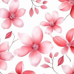 Pink flower petals and leaves on white background seamless watercolor pattern spring floral backdrop 
