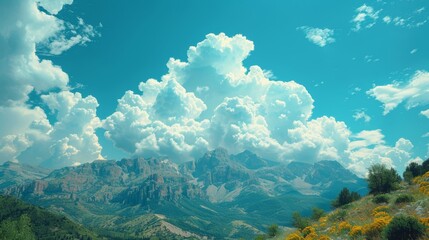   A picturesque panorama of towering mountains, billowing clouds above, and vibrant yellow flowers in the foreground against a stunning sapphire sky with fluffy cotton-like clouds
