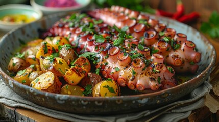 A platter of octopus and potatoes topped with parsley