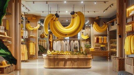 Tropical grocery store with hanging bananas and pineapples - obrazy, fototapety, plakaty