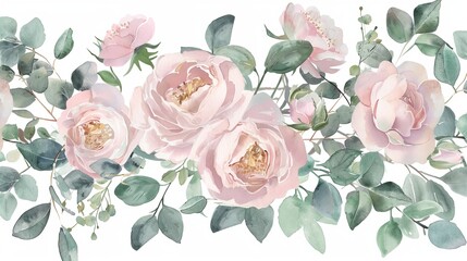 The perfect background for wedding stationary, greetings, fashion, or greeting cards. Pink flowers with eucalyptus leaves. Dusty roses and soft blush peonies. - obrazy, fototapety, plakaty