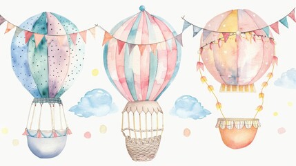 Set of watercolor vintage hot air balloons with flags, garlands, and polka dots. Modern illustrations on white background.