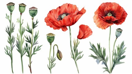 This is a watercolor illustration modern collection of red poppy flowers. The petals are red and the stamens are black. They are isolated on white.