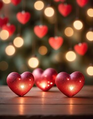 Three heart-shaped lanterns radiate a warm glow on a wooden surface, with a bokeh of lights creating a romantic atmosphere.