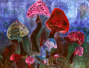 Red mushrooms during the blue hour psychedelic painting. The dabbing technique near the edges gives a soft focus effect due to the altered surface roughness of the paper. - 778925143