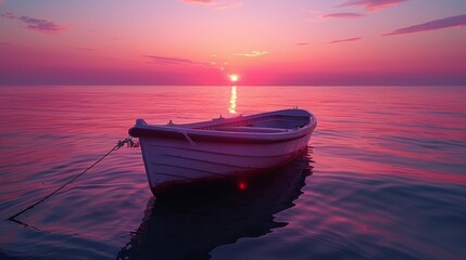   Small boat floats on water under pink-blue sky during sunset