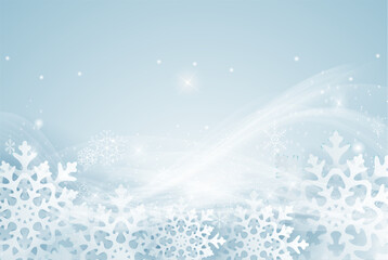 Winter decorative background template with snow, snowflakes and wind