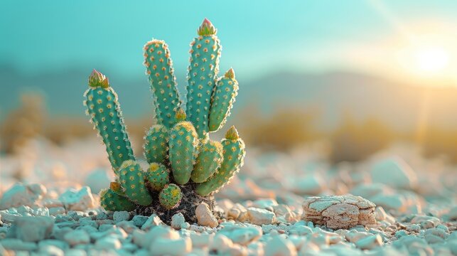 A detailed photo of a tiny cactus perched on a rugged terrain, framed by a radiant sun