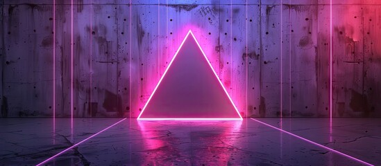 A vibrant neon triangle, glowing in hues of purple, violet, pink, and magenta, illuminates the dark room with electric blue visual effect lighting for an entertaining event atmosphere