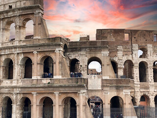 Close up of Rome Colosseum columns or ruin with amazing blue hour sky photography