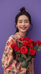 Happiness Captured with Bouquet of Blooming Roses